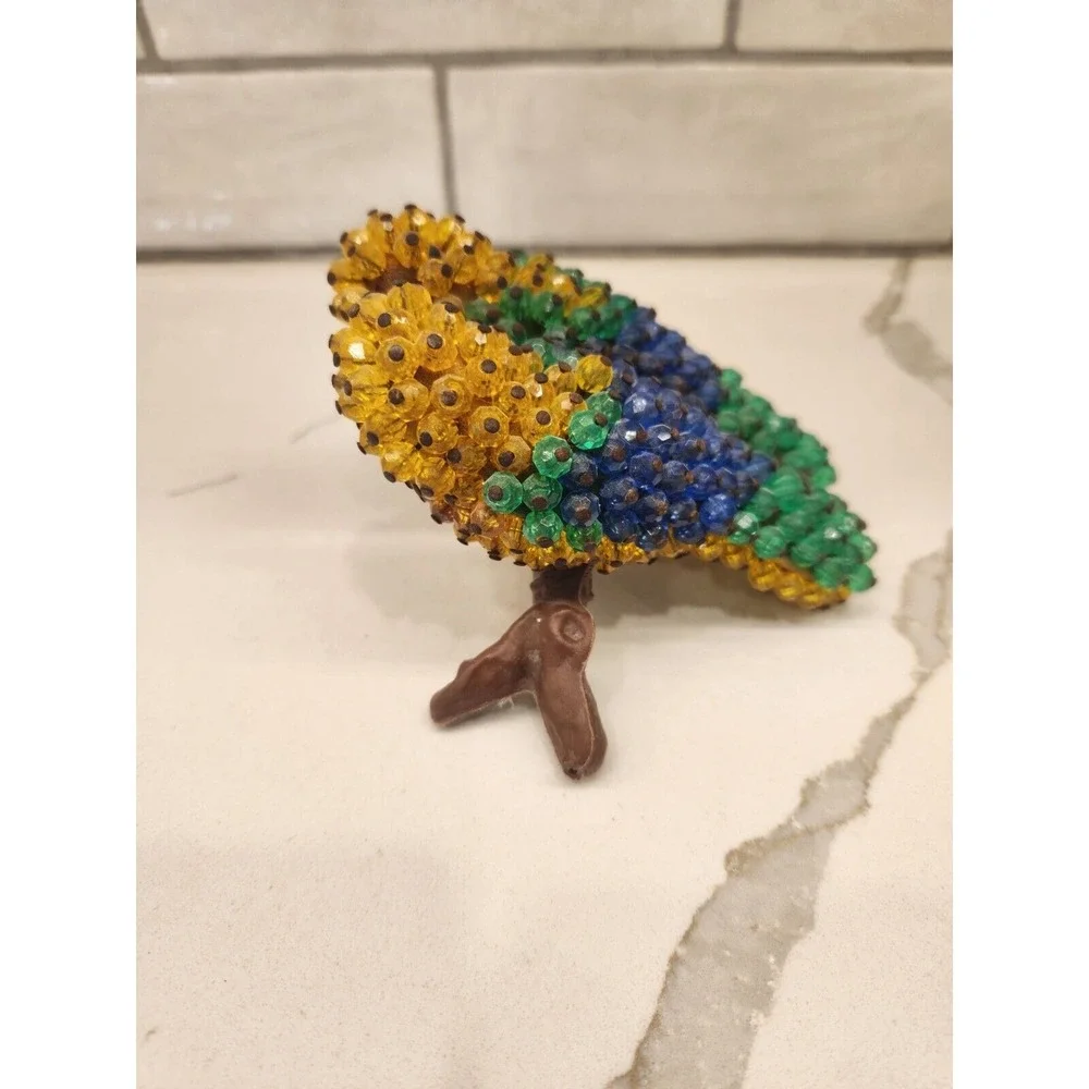 Vintage Pair Of Yellow Green‎ Blue Parrots Birds Sitting On A Plastic Log Perch